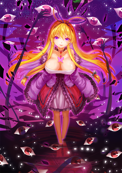 Anime picture 600x848 with touhou yakumo yukari vetina single long hair tall image looking at viewer fringe breasts light erotic blonde hair smile large breasts standing purple eyes twintails bare shoulders long sleeves from above night