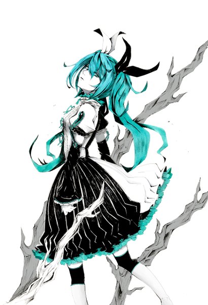 Anime picture 3371x4923 with vocaloid meltdown (vocaloid) hatsune miku kaname single long hair tall image highres simple background white background absurdres aqua eyes aqua hair girl dress detached sleeves