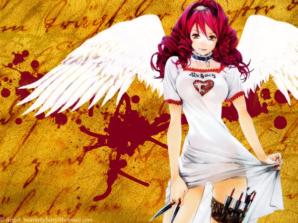 Anime picture 1600x1200 with tenjou tenge isuzu emi oogure ito miffedplatypus single long hair looking at viewer fringe breasts light erotic hair between eyes red eyes large breasts signed red hair drill hair third-party edit white wings girl dress