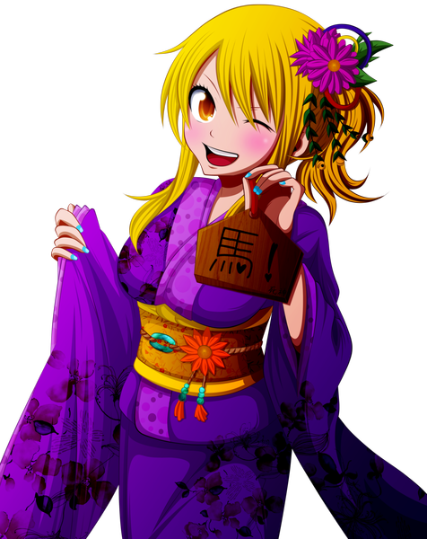 Anime picture 2436x3071 with fairy tail lucy heartfilia thecarrotsaysyumyum single long hair tall image blush highres open mouth blonde hair smile ponytail nail polish traditional clothes japanese clothes one eye closed hair flower wink orange eyes coloring