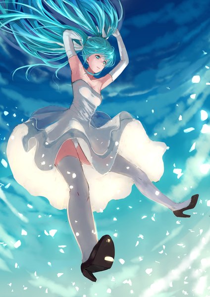 Anime picture 1240x1754 with vocaloid hatsune miku wenhe single long hair tall image fringe light erotic twintails sky cloud (clouds) aqua eyes aqua hair arms up from below high heels falling girl thighhighs dress