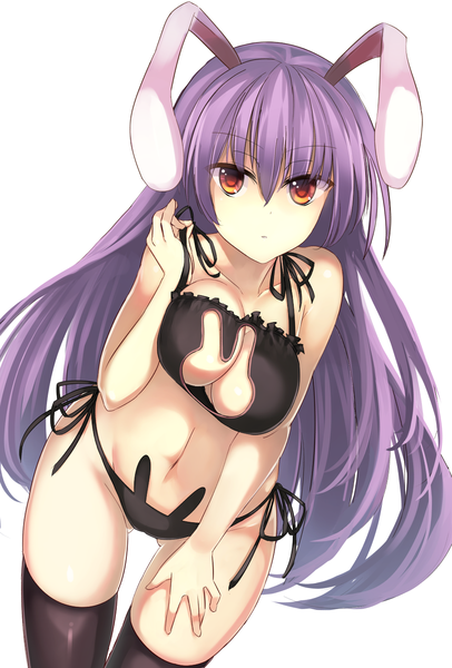 Anime picture 945x1394 with touhou reisen udongein inaba janne cherry single long hair tall image looking at viewer fringe breasts light erotic simple background red eyes large breasts white background bare shoulders holding animal ears purple hair bare belly leaning