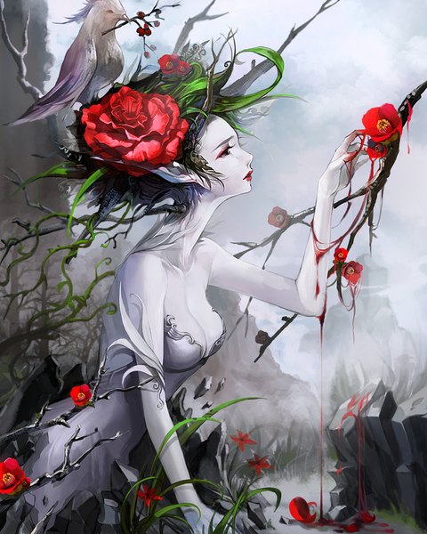 Anime picture 1000x1251 with original lsr single tall image short hair breasts black hair sitting bare shoulders looking away sky cleavage cloud (clouds) profile arm up hair flower horn (horns) pointy ears lipstick mountain