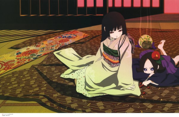Anime picture 4973x3256 with hell girl studio deen enma ai long hair highres short hair black hair brown hair sitting absurdres lying long sleeves traditional clothes japanese clothes barefoot hair flower scan no shoes girl hair ornament