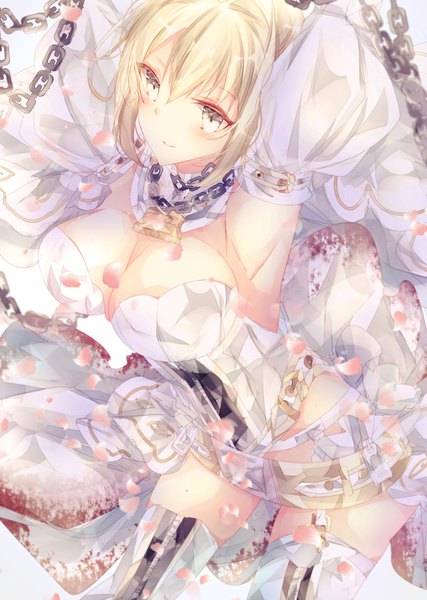 Anime picture 835x1174 with fate (series) fate/extra fate/extra ccc nero claudius (fate) (all) nero claudius (fate) nero claudius (bride) (fate) krt-ch single tall image blush fringe short hair breasts light erotic blonde hair large breasts cleavage from above light smile arms up