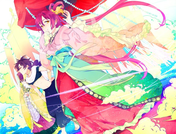 Anime picture 1200x919 with magi the labyrinth of magic a-1 pictures judal ren kougyoku ka koubun nerisuke long hair smile red eyes yellow eyes pink hair purple hair traditional clothes girl dress boy glasses bracelet belt flag