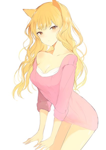 Anime picture 650x919 with original lpip single long hair tall image looking at viewer blush fringe breasts blonde hair simple background standing white background bare shoulders brown eyes animal ears head tilt cat ears cat girl leaning