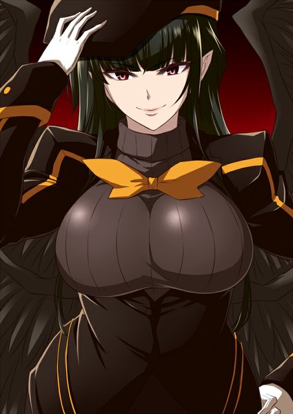 Anime picture 637x900 with rinkou no lemuria mize (lemuria) shouji nigou single long hair tall image looking at viewer fringe breasts light erotic black hair red eyes large breasts light smile pointy ears alternate costume hand on hip hand on head red background black wings