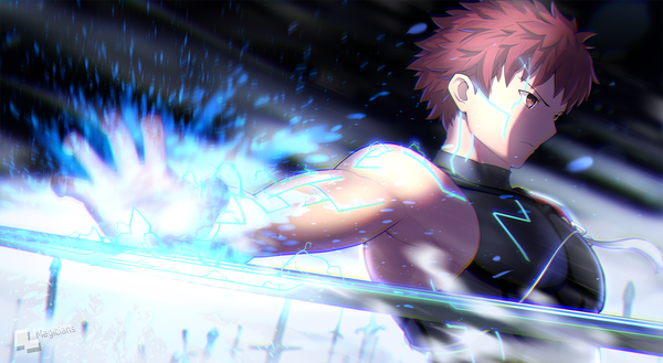 Anime picture 1371x753 with fate (series) fate/stay night emiya shirou magicians (zhkahogigzkh) single short hair red eyes wide image brown eyes signed looking away upper body armpit (armpits) sleeveless outstretched arm serious electricity boy weapon sword