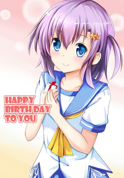 Anime picture 800x1146 with original ok-ray single tall image blush short hair blue eyes smile purple hair inscription one side up pink background happy birthday girl uniform hair ornament serafuku hairclip gift star hair ornament
