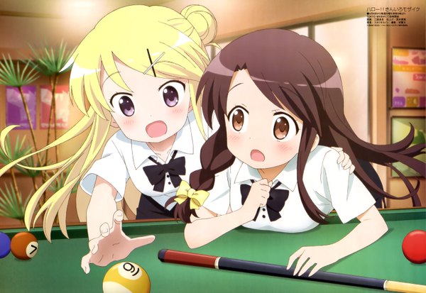 Anime picture 5933x4084 with kin-iro mosaic megami magazine kujou karen matsubara honoka long hair blush highres open mouth blonde hair brown hair purple eyes multiple girls brown eyes absurdres official art billiards girl 2 girls shirt x hair ornament