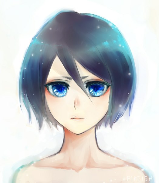 Anime picture 900x1029 with bleach studio pierrot kuchiki rukia pikeish (artist) single tall image looking at viewer short hair white background bare shoulders blue hair aqua eyes portrait girl