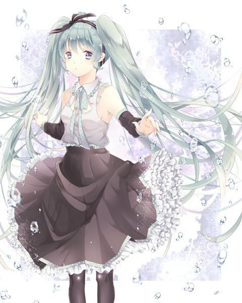 Anime picture 900x1125 with vocaloid hatsune miku kyashii (a3yu9mi) single tall image looking at viewer twintails bare shoulders very long hair nail polish aqua hair multicolored eyes girl skirt ribbon (ribbons) hair ribbon detached sleeves pantyhose bubble (bubbles) long skirt