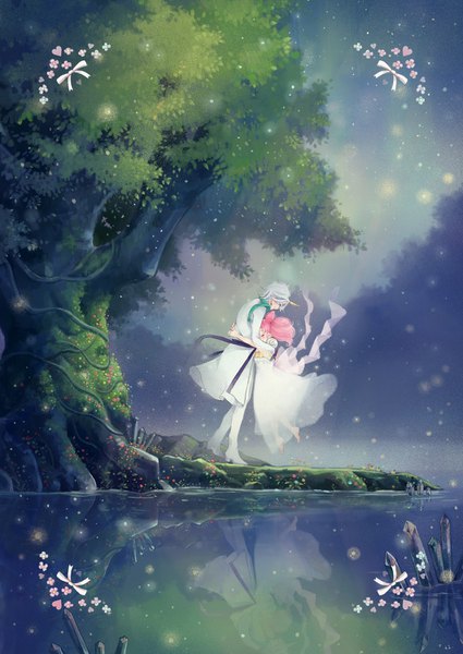 Anime picture 1062x1500 with bishoujo senshi sailor moon toei animation chibiusa princess usagi small lady helios +1 (yakusoku0722) long hair tall image short hair standing twintails signed pink hair full body outdoors eyes closed profile barefoot horn (horns) grey hair