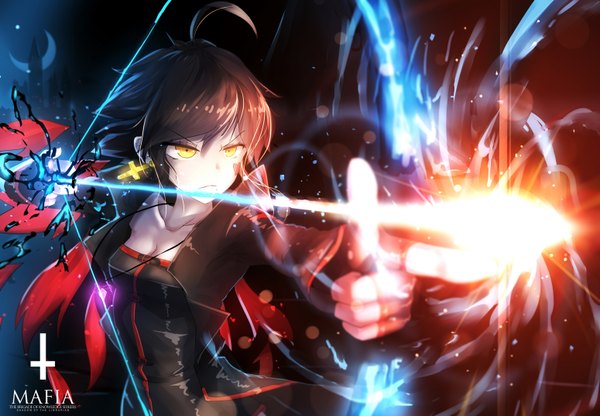 Anime picture 1550x1076 with original pixiv fantasia pixiv fantasia t qian ye (qys3) qys3 single short hair brown hair yellow eyes looking away ahoge magic facial mark fantasy logo girl dress weapon earrings bow (weapon)