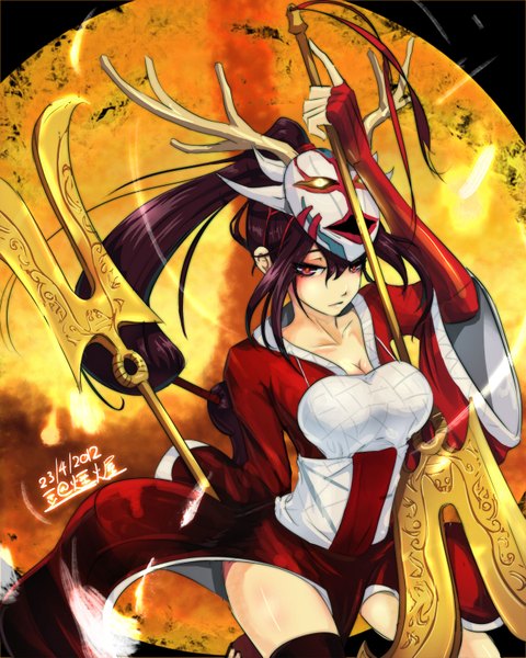 Anime picture 1300x1625 with league of legends akali (league of legends) beanbean1988 single long hair tall image breasts light erotic large breasts ponytail horn (horns) mask on head girl dress weapon mask