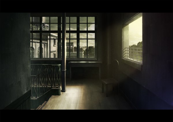 Anime picture 1271x900 with original nsmrtks letterboxed no people window chair table stairs house