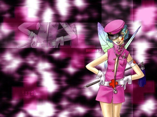 Anime picture 1280x960 with persona persona 2 trish (persona 2) single short hair purple eyes blue hair pink background nurse insect wings butterfly wings fairy girl cross peaked cap syringe stethoscope
