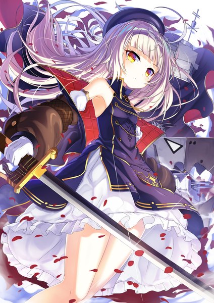 Anime picture 2893x4092 with azur lane z46 (azur lane) satou (3366 s) single long hair tall image looking at viewer fringe highres bare shoulders holding yellow eyes payot blunt bangs long sleeves grey hair open clothes mole sparkle armpit (armpits)