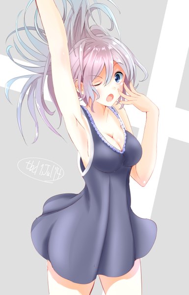 Anime picture 1927x3000 with kantai collection aoba heavy cruiser aoba (kantai collection) tebi (tbd11) single tall image looking at viewer blush highres breasts open mouth blue eyes large breasts bare shoulders cleavage silver hair one eye closed wink :o armpit (armpits)