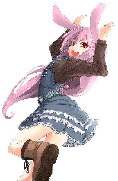 Anime picture 830x1272 with original sakurainu single long hair tall image looking at viewer open mouth simple background white background animal ears pink hair pink eyes bunny ears happy lacing jumping girl boots cross-laced footwear