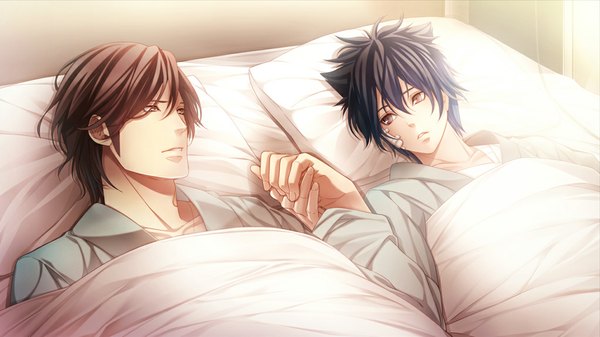 Anime picture 1021x575 with omerta - chinmoku no okite tagme (character) highres short hair open mouth black hair blonde hair brown hair wide image brown eyes blue hair game cg lying scan multiple boys shounen ai boy pillow 2 boys
