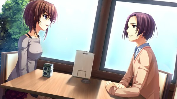 Anime picture 1280x720 with koi de wa naku (game) makishima yumi tomose shunsaku short hair blue eyes brown hair wide image sitting brown eyes game cg purple hair girl boy plant (plants) window chair table room camera