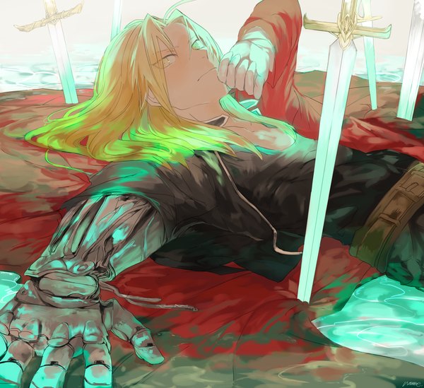 Anime picture 1000x916 with fullmetal alchemist studio bones edward elric momomosae single long hair looking at viewer blonde hair yellow eyes lying hand on face boy gloves weapon sword white gloves armor cloak single glove