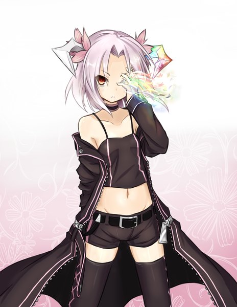 Anime picture 1323x1709 with original kazana (sakuto) single tall image short hair red eyes bare shoulders silver hair horn (horns) midriff girl thighhighs navel black thighhighs shorts cloak