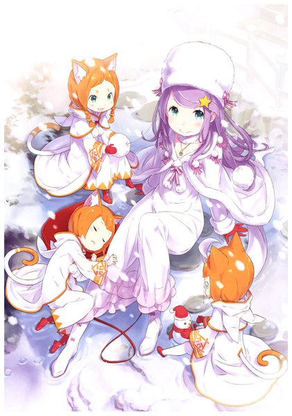 Anime picture 2000x2850 with re:zero kara hajimeru isekai seikatsu white fox anastasia hoshin mimi pearlbaton heitarou pearlbaton tivey pearlbaton ootsuka shin'ichirou long hair tall image blush highres short hair blue eyes smile sitting multiple girls green eyes animal ears purple hair tail