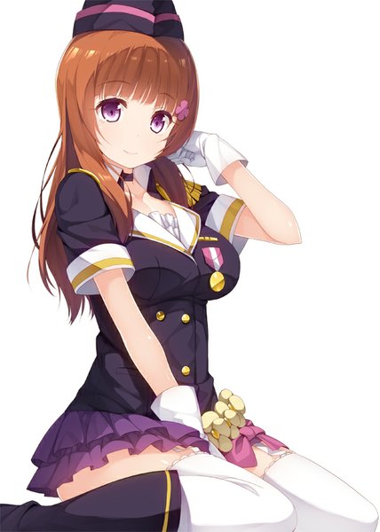 Anime picture 600x840 with love live! school idol project sunrise (studio) love live! yuuki anju siva (executor) single long hair tall image fringe breasts brown hair sitting purple eyes light smile wariza girl thighhighs skirt gloves hair ornament