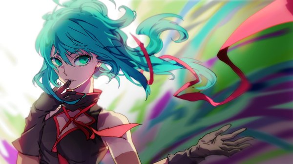 Anime picture 1920x1080 with vocaloid hatsune miku kisekiguiji single long hair highres wide image bare shoulders holding looking away upper body aqua eyes wind aqua hair mouth hold finger to mouth girl gloves ribbon (ribbons) hair ribbon
