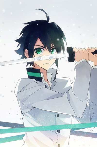 Anime picture 533x800 with owari no seraph wit studio hyakuya yuuichirou hyakuya mikaela takerusilt single tall image fringe short hair black hair hair between eyes green eyes ahoge snowing reflection open collar fighting stance serious boy uniform