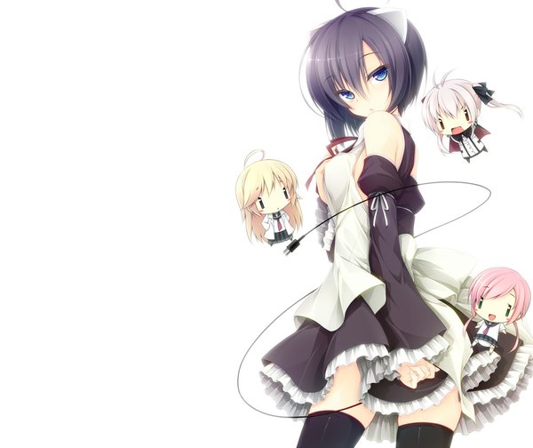 Anime picture 1000x840 with original luna lia short hair blue eyes black hair simple background white background bare shoulders looking back chibi l l girl thighhighs dress black thighhighs detached sleeves
