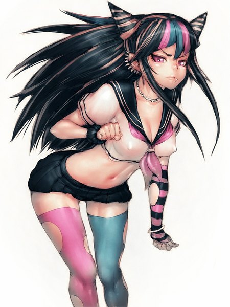 Anime picture 810x1080 with dangan ronpa super dangan ronpa 2 mioda ibuki fumio (rsqkr) single long hair tall image looking at viewer blush breasts light erotic black hair simple background white background pink hair cleavage pink eyes multicolored hair horn (horns) aqua hair