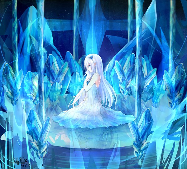 Anime picture 1000x903 with elsword luciela r. sourcream (elsword) demon power (elsword) bai qi-qsr single long hair fringe blue eyes sitting bare shoulders signed sky silver hair white hair pointy ears hair over one eye watermark hieroglyph hand on chest looking down