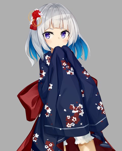 Anime picture 800x993 with original kavka single tall image looking at viewer blush fringe short hair simple background standing purple eyes blue hair silver hair blunt bangs long sleeves traditional clothes japanese clothes multicolored hair grey background wide sleeves