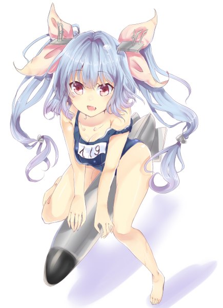 Anime picture 923x1273 with kantai collection i-19 submarine takitou single long hair tall image looking at viewer breasts open mouth light erotic simple background sitting twintails purple eyes bare shoulders blue hair barefoot bare legs looking up girl