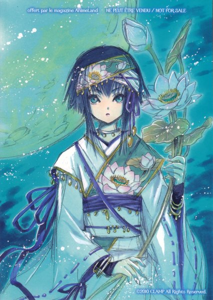 Anime picture 4689x6606 with gate 7 hana (gate 7) single tall image highres short hair open mouth blue eyes absurdres purple hair traditional clothes japanese clothes official art blue background girl hair ornament flower (flowers) ribbon (ribbons) hair ribbon choker
