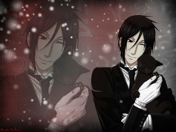 Anime picture 1024x768 with kuroshitsuji a-1 pictures sebastian michaelis short hair black hair smile red eyes one eye closed wink snowing zoom layer butler boy animal necktie cat suit