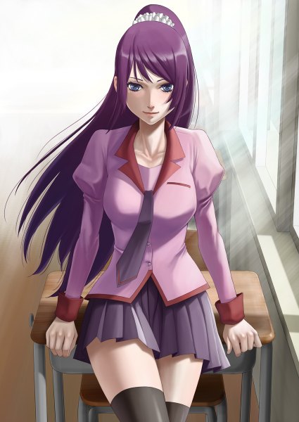 Anime picture 850x1200 with bakemonogatari shaft (studio) monogatari (series) senjougahara hitagi sawaragi single long hair tall image looking at viewer blue eyes purple hair ponytail zettai ryouiki girl thighhighs uniform black thighhighs school uniform necktie desk