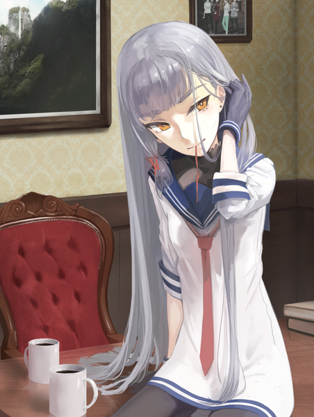 Anime picture 654x868 with kantai collection murakumo destroyer epitaph (1122) single long hair tall image fringe sitting holding yellow eyes looking away blunt bangs grey hair arm support mouth hold tress ribbon ribbon in mouth girl gloves uniform