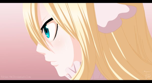 Anime picture 1900x1039 with fairy tail mavis vermillion fabiansm single long hair highres blonde hair wide image profile aqua eyes coloring letterboxed close-up pink background face girl