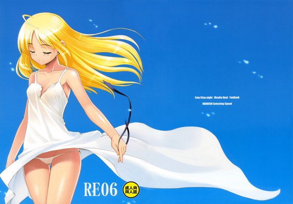 Anime picture 2147x1500 with fate (series) fate/stay night studio deen type-moon artoria pendragon (all) saber namonashi single long hair highres light erotic blonde hair eyes closed wind pantyshot thigh gap cameltoe blue background girl dress