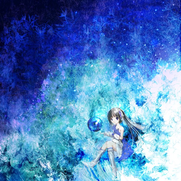 Anime picture 1500x1500 with original 86thunder single long hair blue eyes sitting silver hair snowing winter snow girl dress gloves hair ornament elbow gloves star (symbol) ball