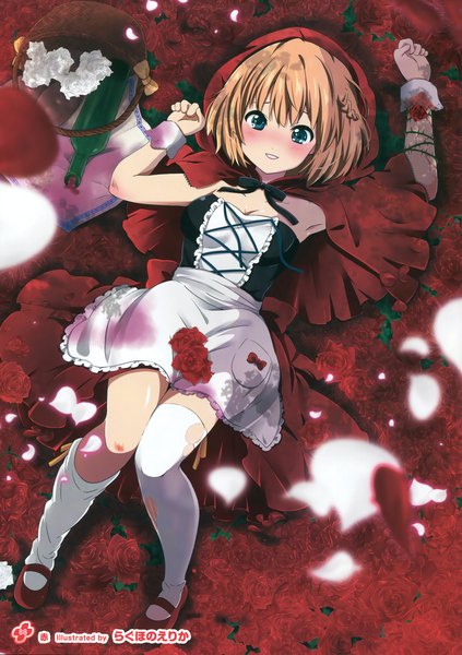 Anime picture 2537x3600 with girls, girls, girls! 11 (artbook) ragho no erika single tall image blush highres short hair blue eyes blonde hair lying scan official art girl thighhighs dress flower (flowers) petals white thighhighs rose (roses)
