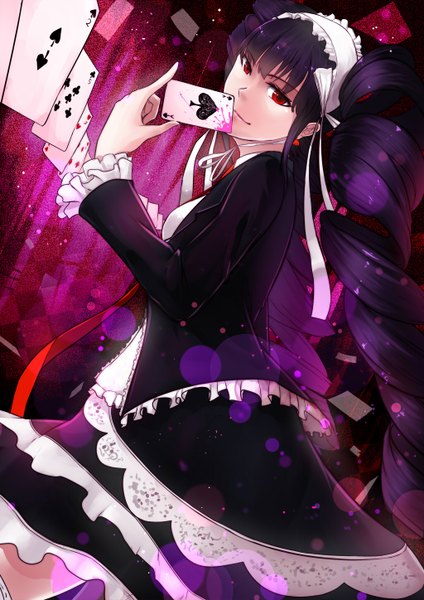 Anime picture 1024x1448 with dangan ronpa celestia ludenberg swordwaltz single long hair tall image smile red eyes purple hair drill hair gothic girl hairband card (cards)