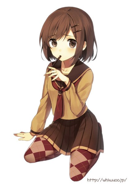 Anime picture 566x800 with original midorikawa you single tall image looking at viewer blush short hair simple background brown hair white background sitting holding brown eyes signed from above mouth hold rhombus girl uniform hair ornament
