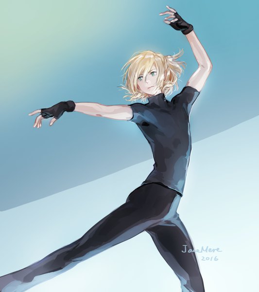 Anime picture 880x990 with yuri!!! on ice mappa yuri plisetsky jane mere single tall image fringe short hair simple background blonde hair hair between eyes green eyes signed looking away arm up short sleeves outstretched arm turning head blue background boy