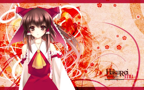 Anime picture 1920x1200 with touhou hakurei reimu highres brown hair wide image brown eyes japanese clothes miko girl skirt bow ribbon (ribbons) hair bow detached sleeves skirt set